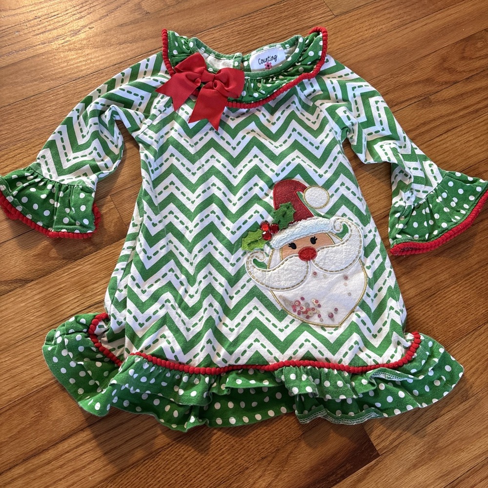 Counting Daisies Girls Christmas dress, ‎ Ruffle Sleeve, Sz 3T Santa Bow
